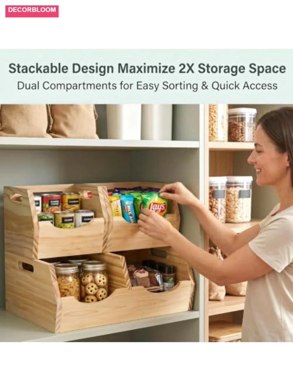 2 Tier Wood Potato Onion Storage Bin Stackable Vegetable Keeper Pantry Organizer